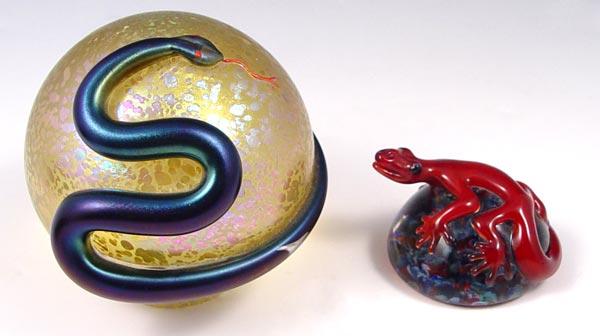 Appraisal: PC ART GLASS PAPERWEIGHTS WITH SNAKE AND LIZARD To include