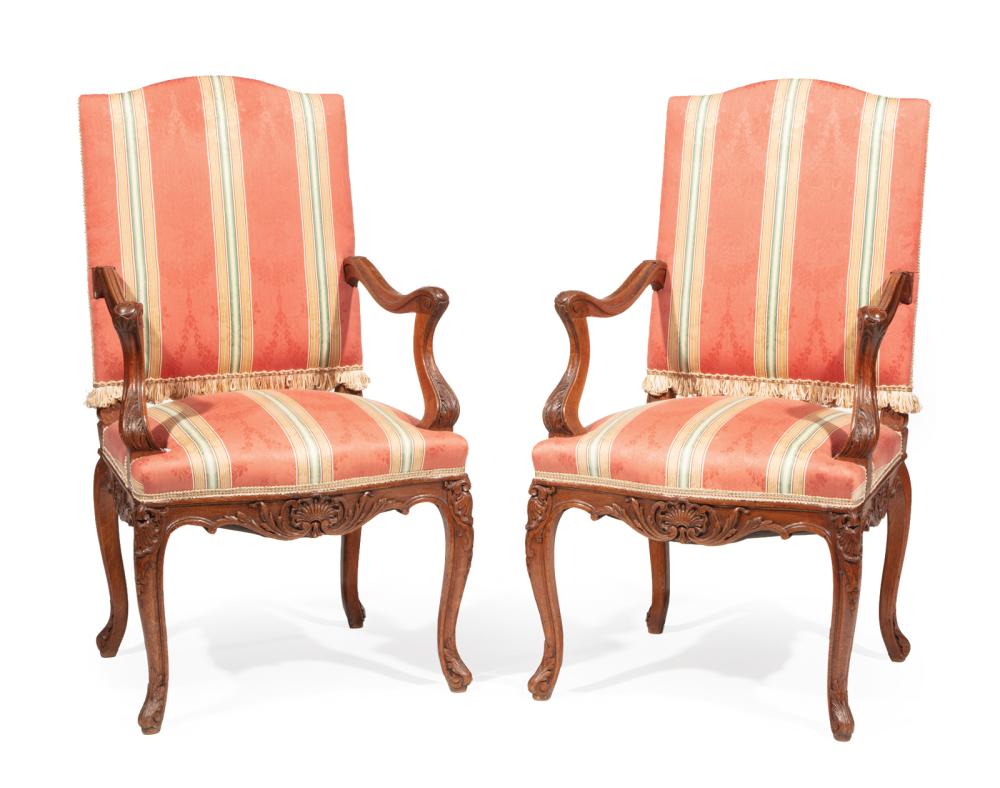 Appraisal: Pair of Regence-Style Carved Oak Fauteuils a la Reine serpentine