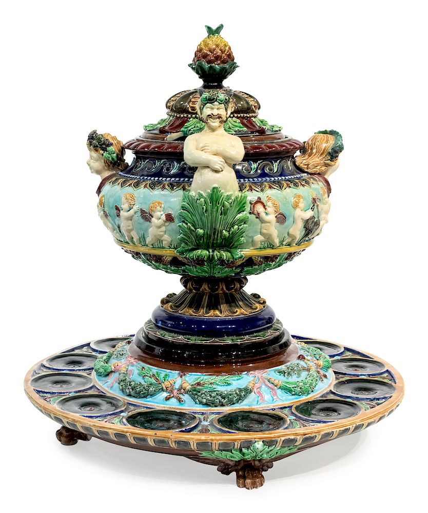 Appraisal: A German Majolica Punchbowl Cover and Stand A German Majolica