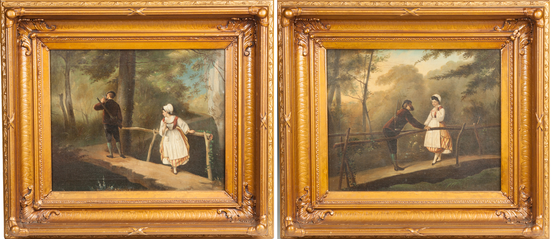 Appraisal: Pair of German Courting Scenes Oil on canvas