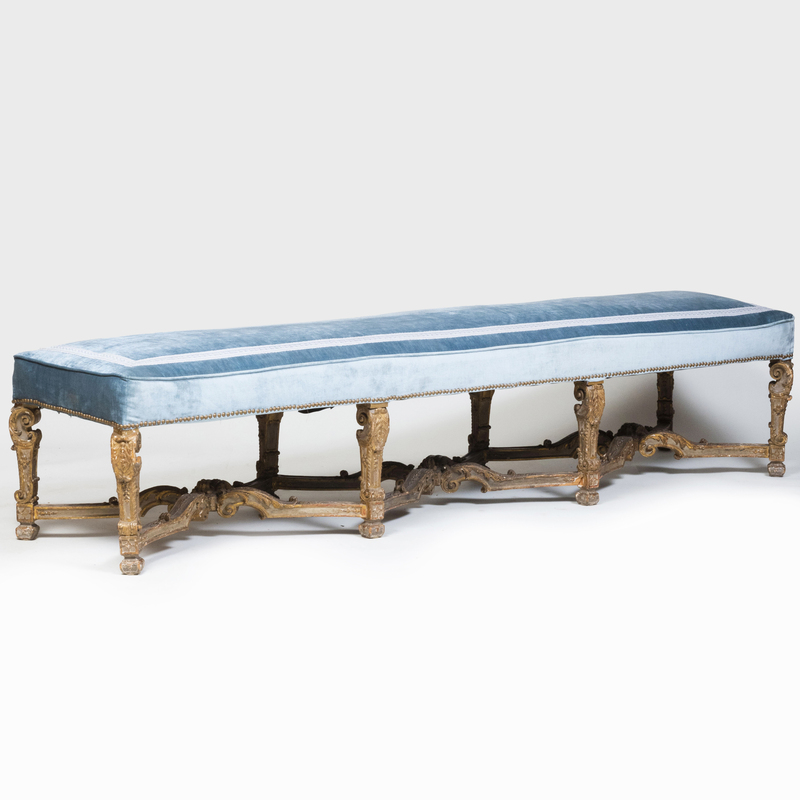 Appraisal: PAIR OF R GENCE STYLE PAINTED AND PARCEL-GILT BENCHES With