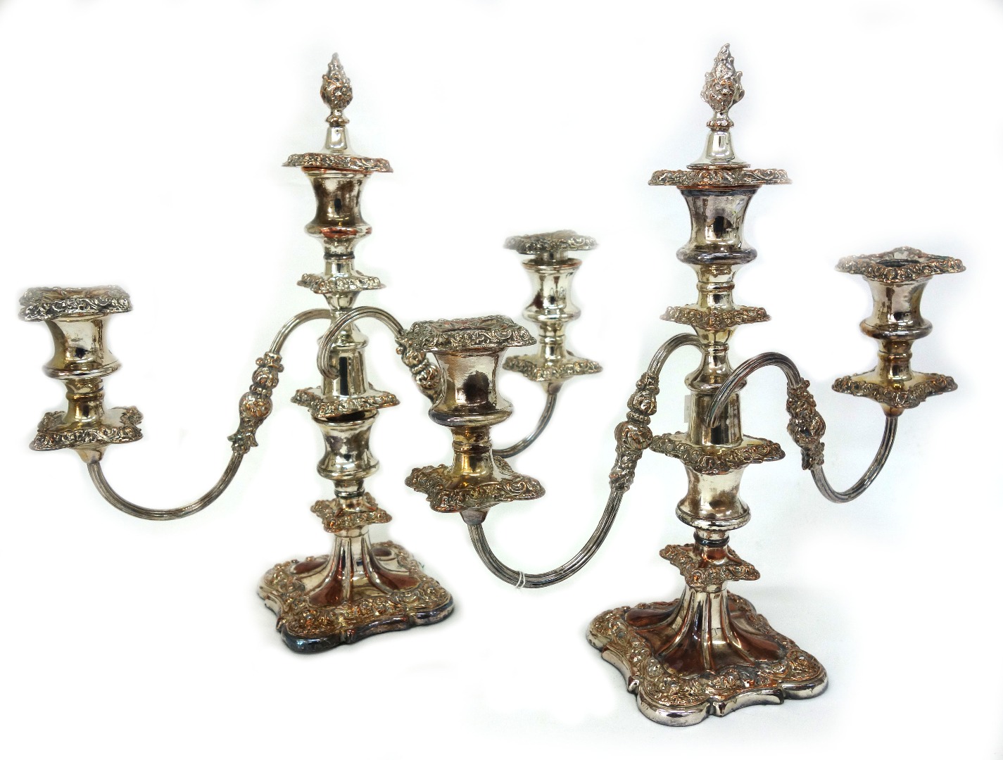 Appraisal: A pair of George IV style electroplate three light candelabrum