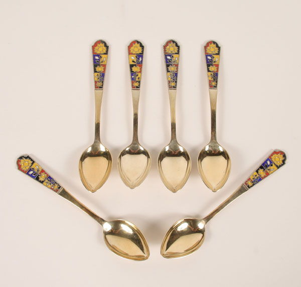 Appraisal: Six Russian gold wash silver enameled spoons Hallmarked with maker's