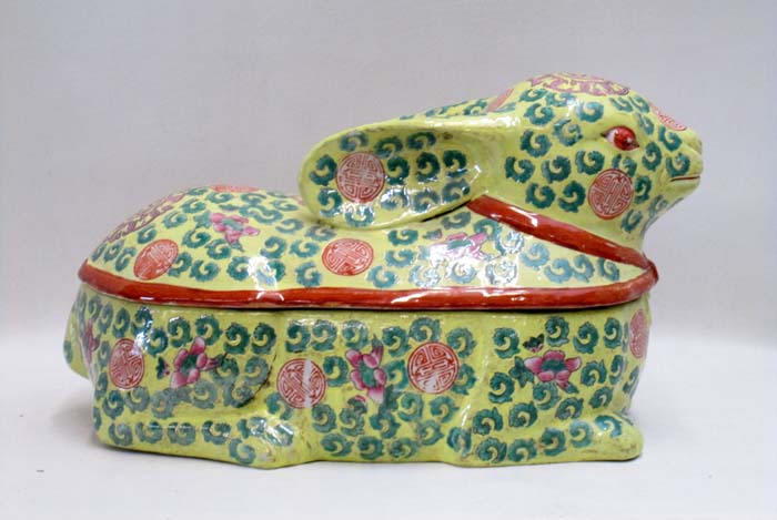 Appraisal: CHINESE PORCELAIN LIDDED RABBIT having Famille Jaune glaze and measuring