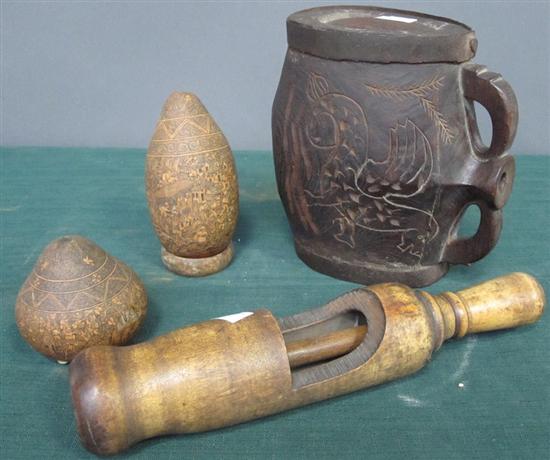 Appraisal: ITALIAN IRON-BOUND CARVED WOOD WINE FLASK Sold with and Together