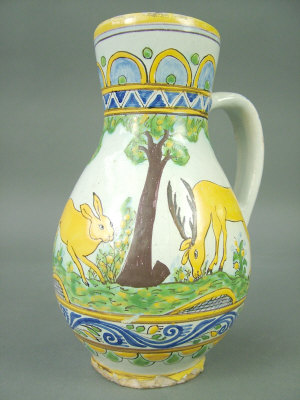 Appraisal: A Continental maiolica jug of baluster form decorated with hunting