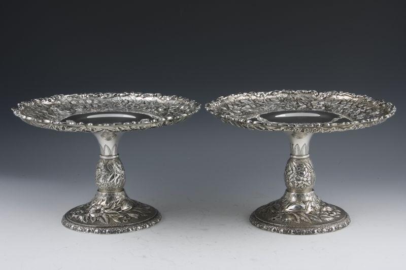 Appraisal: Pair of Tiffany Co Sterling Silver Compotes beautifully hand-chased floral