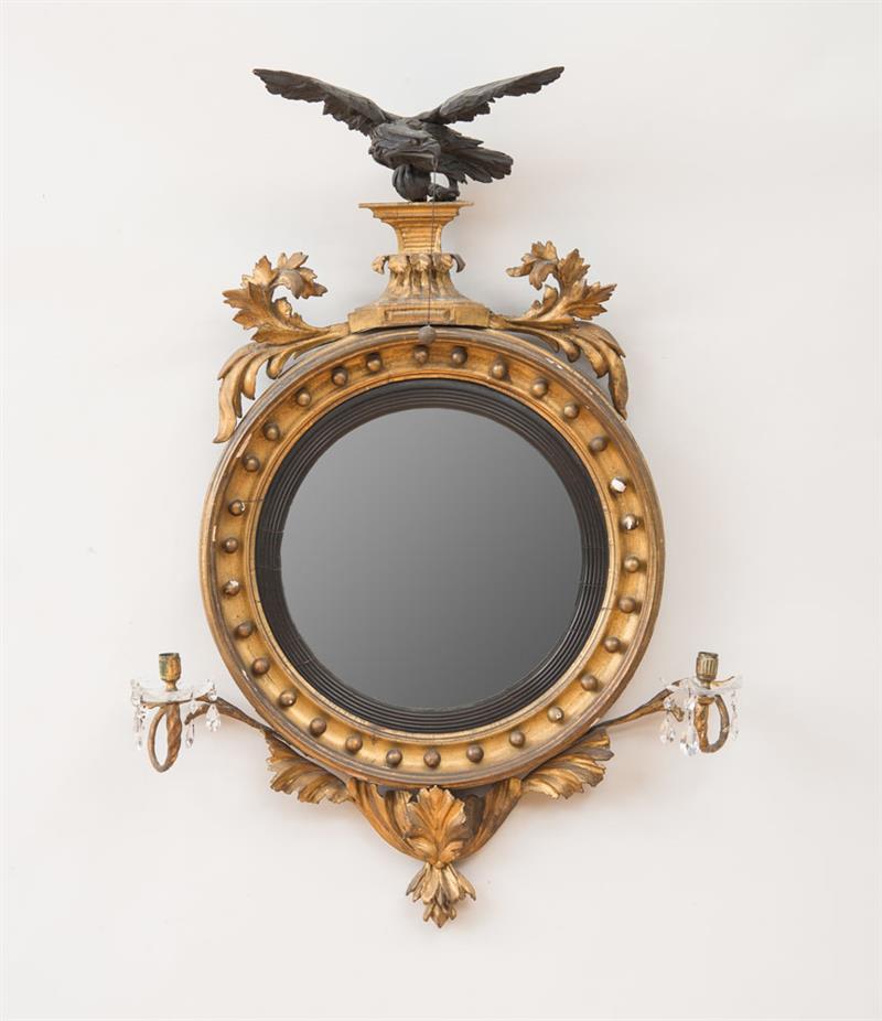 Appraisal: REGENCY GILTWOOD CONVEX TWO-LIGHT GIRANDOLE MIRROR x in Estimate -