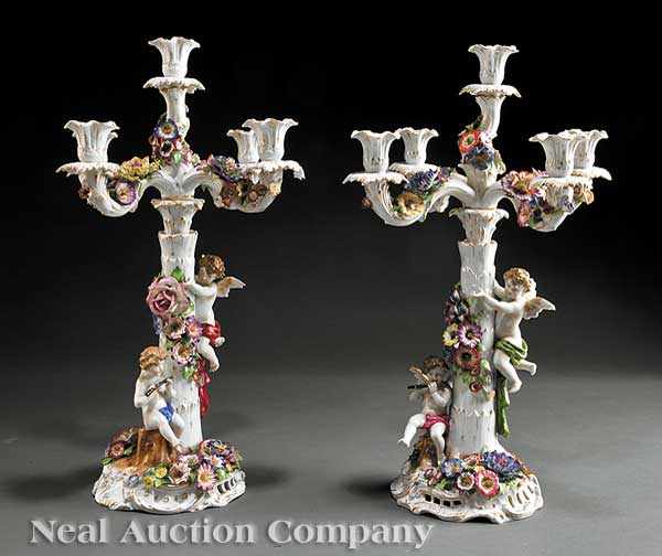 Appraisal: A Pair of Von Schierholz Porcelain Polychrome and Gilt Five-Light