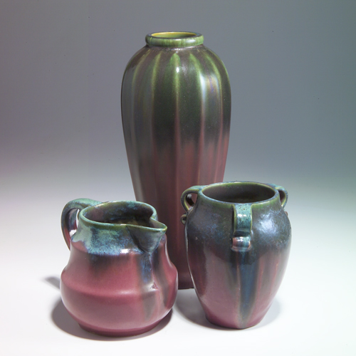 Appraisal: FULPER Three vessels covered in Moss-to-Rose flambe glaze one tall