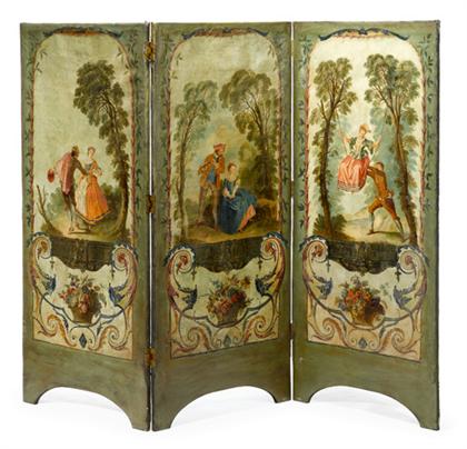 Appraisal: Louis XV style painted -panel floor screen Each panel painted