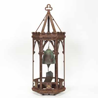 Appraisal: A Wrought Iron Lantern Cage with Bell Inside Hexagonal rustic