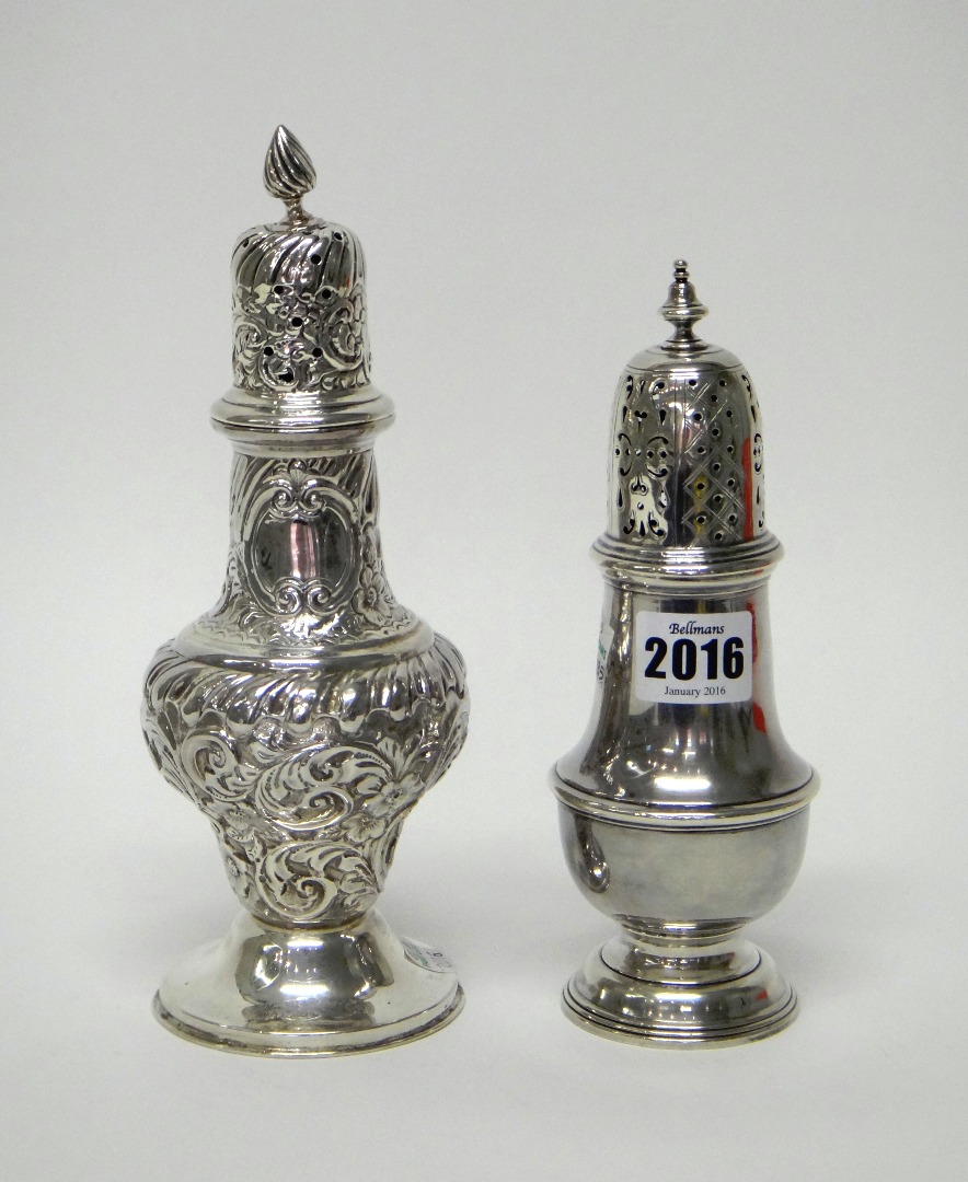 Appraisal: A silver sugar caster of plain baluster form on a