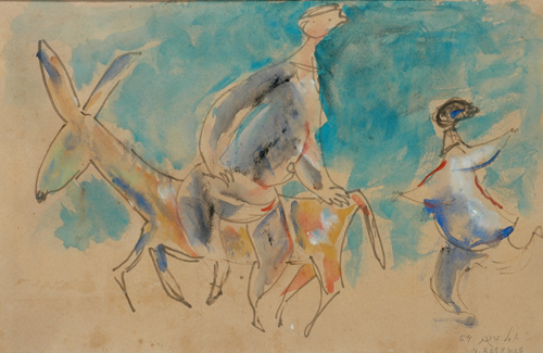 Appraisal: Yosl Bergner born Figures and Donkey watercolour and ink on