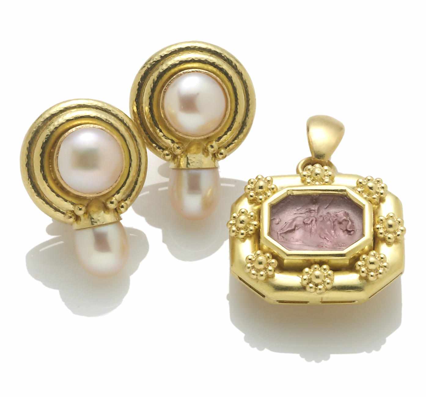 Appraisal: A molded glass pendant brooch together with a pair of