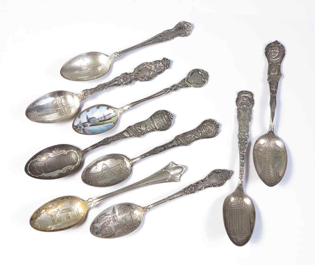 Appraisal: COLLECTION OF STERLING SOUVENIR SPOONS To include Masonic Temple Chicago