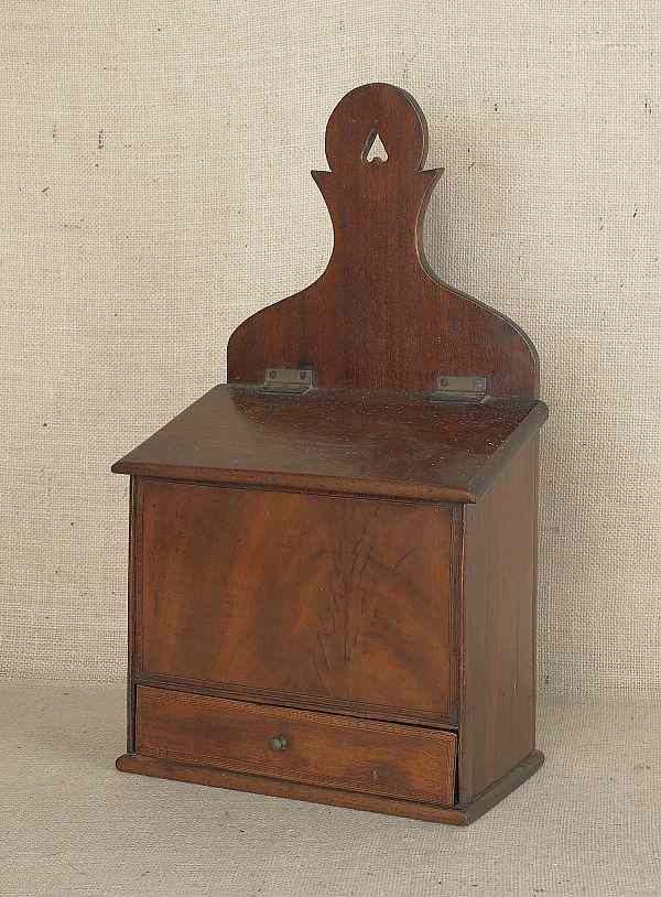 Appraisal: English mahogany hanging salt box ca h w