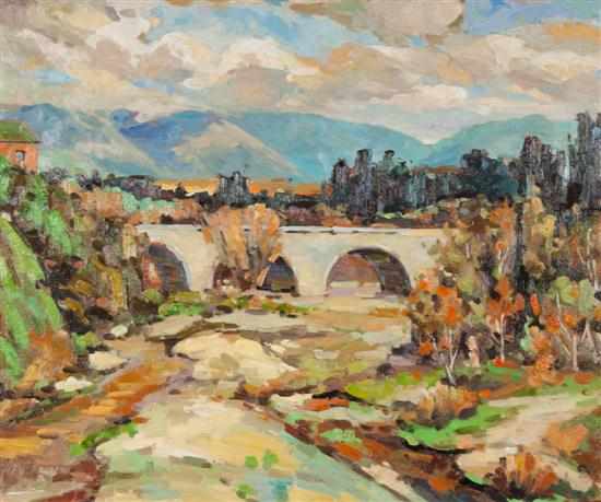 Appraisal: Lemke th century Impressionist Landscape with Bridge oil on canvas