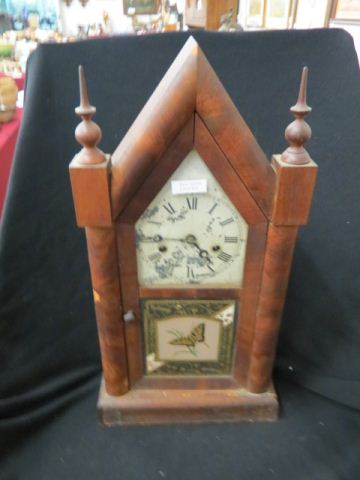 Appraisal: New Haven Steeple Clock with alarm reverse painted butterfly tall