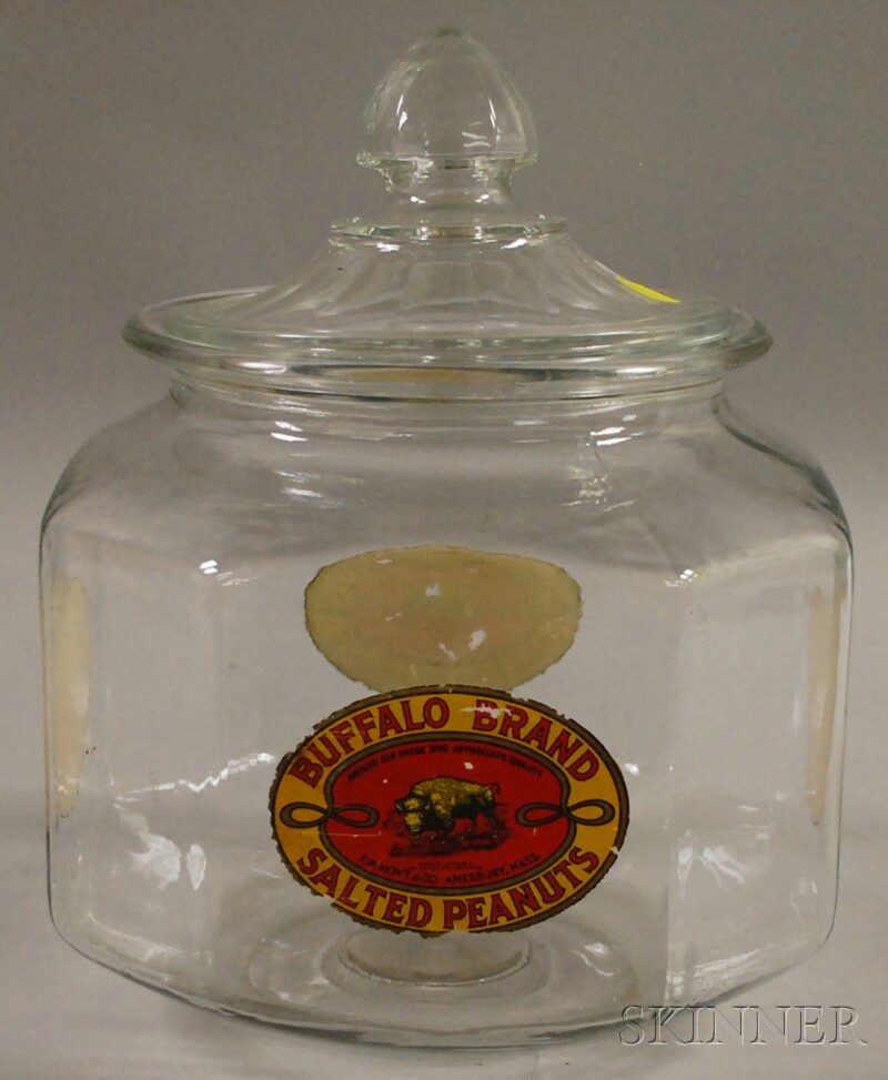 Appraisal: Buffalo Brand Salted Peanuts Transfer-labeled Colorless Pressed Glass Retail Advertising