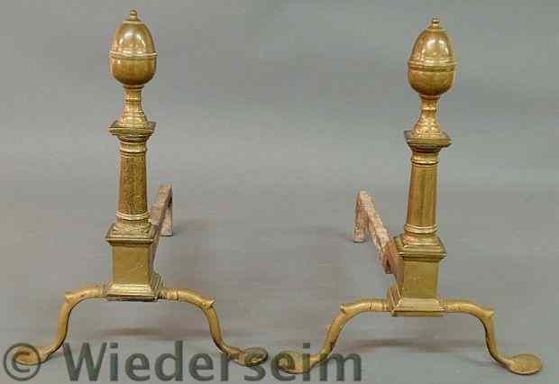 Appraisal: Pair of Federal brass lemon-top andirons c with cylindrical shafts