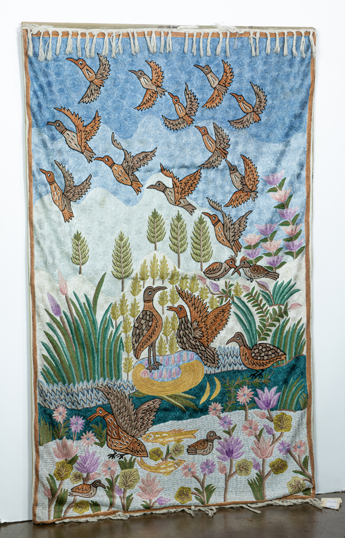 Appraisal: INDIAN CHAIN STICH EMBROIDERED TEXTILE DEPICTING BIRDS IN A GARDEN