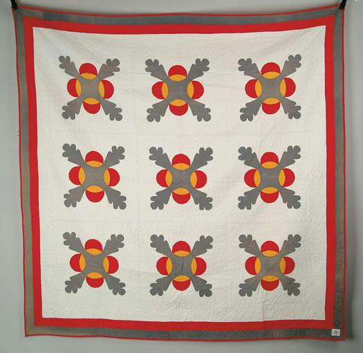 Appraisal: PIECED APPLIQU D QUILT OAK LEAF VARIATION Bright red orange