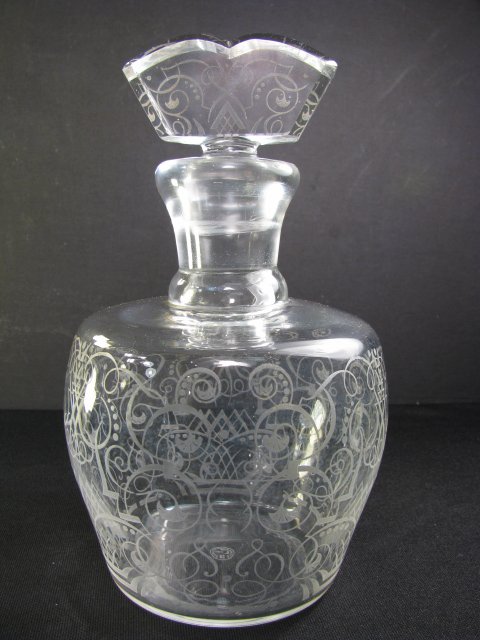 Appraisal: Etched Baccarat clear crystal decanter with numbered stopper Measures tall