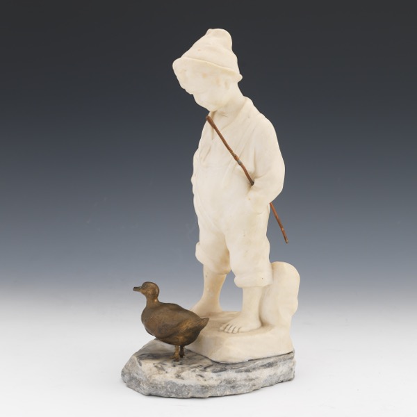 Appraisal: BOY WITH DUCK CARVED ALABASTER AND BRONZE x x Nicely