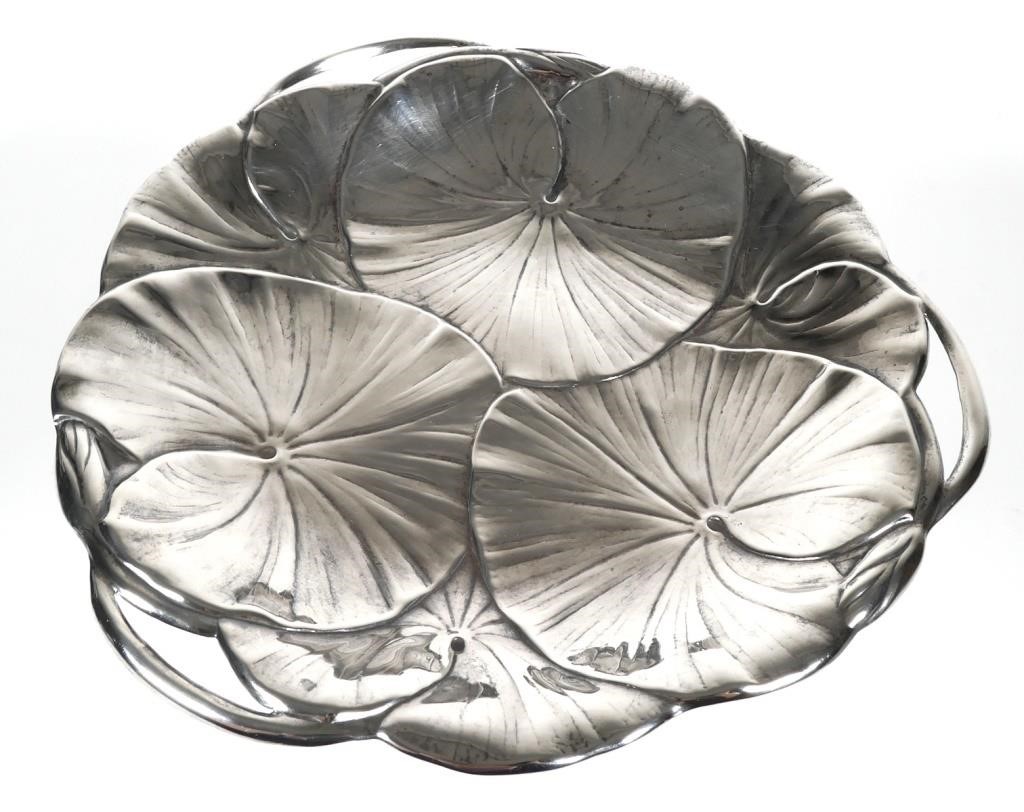 Appraisal: ART NOUVEAU STERLING SILVER LILY PAD TRAYCirca sterling silver handled