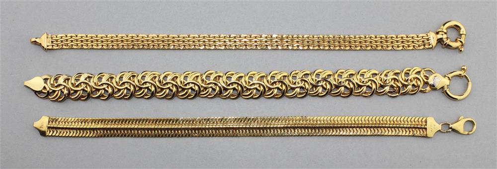 Appraisal: THREE ITALIAN K GOLD BRACELETS K Italian gold bracelets total