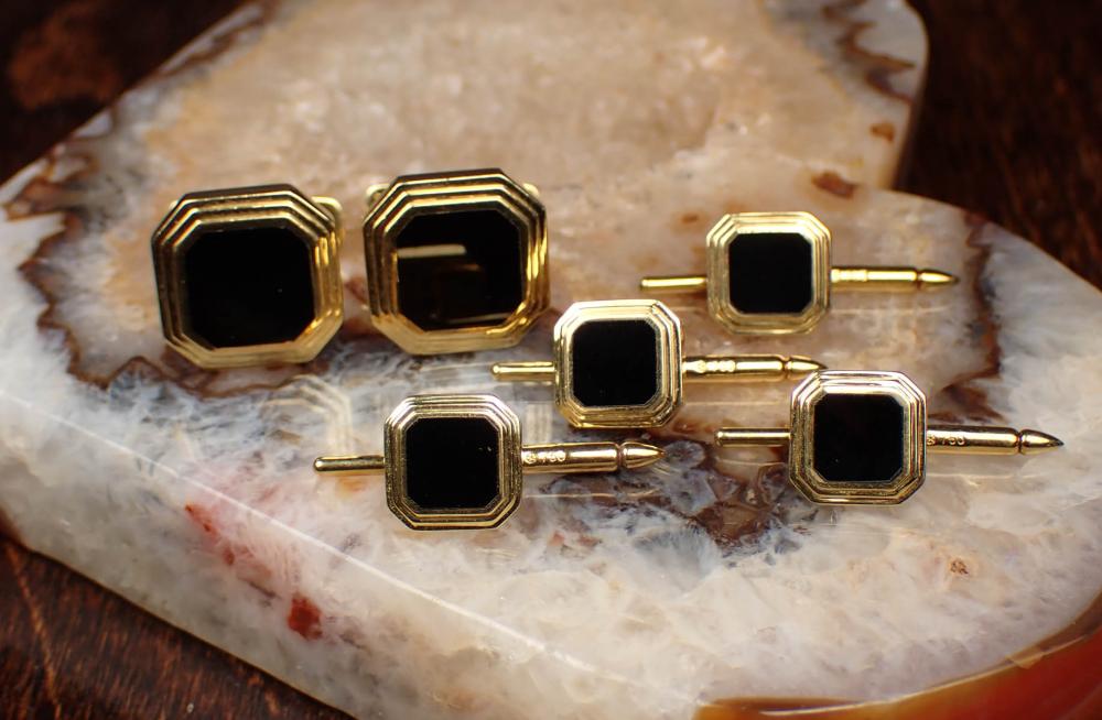 Appraisal: BLACK ONYX AND EIGHTEEN KARAT GOLD CUFFLINK AND STUD SET