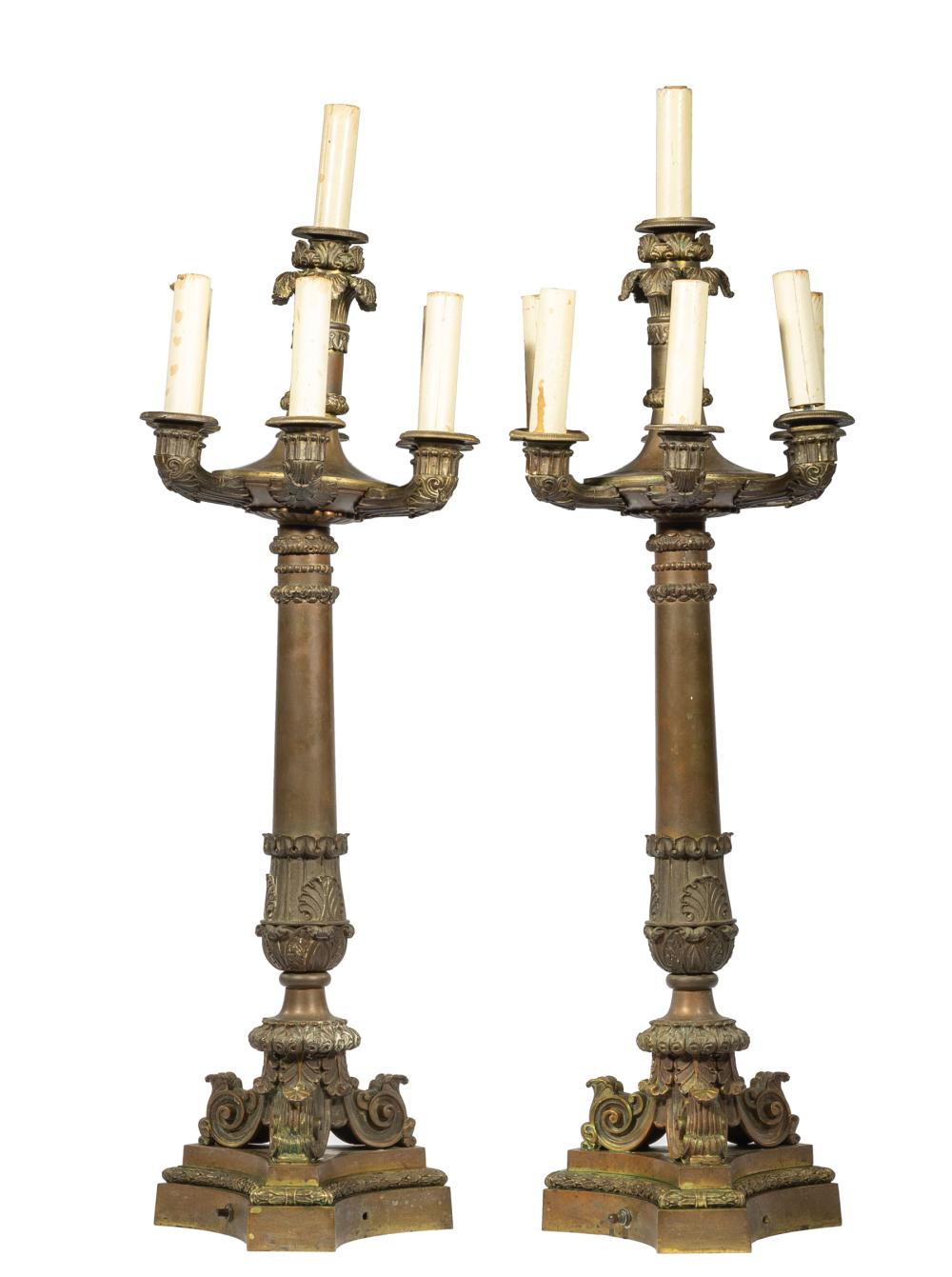 Appraisal: Pair of Empire-Style Bronze Seven-Light Candelabra th c decorated with