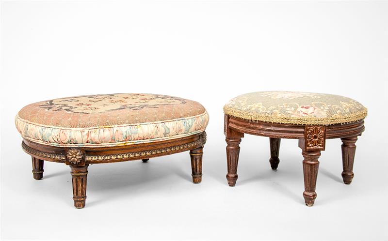 Appraisal: Two Louis XVI Style Walnut Oval Footstools with Needlework Seats