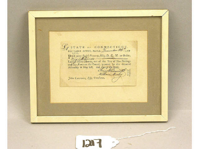 Appraisal: Framed pay table document signed on back by Ralph Pomeroy