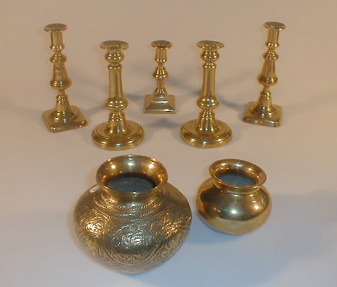 Appraisal: Two pairs of Victorian brass candlesticks other brass and Sucklings