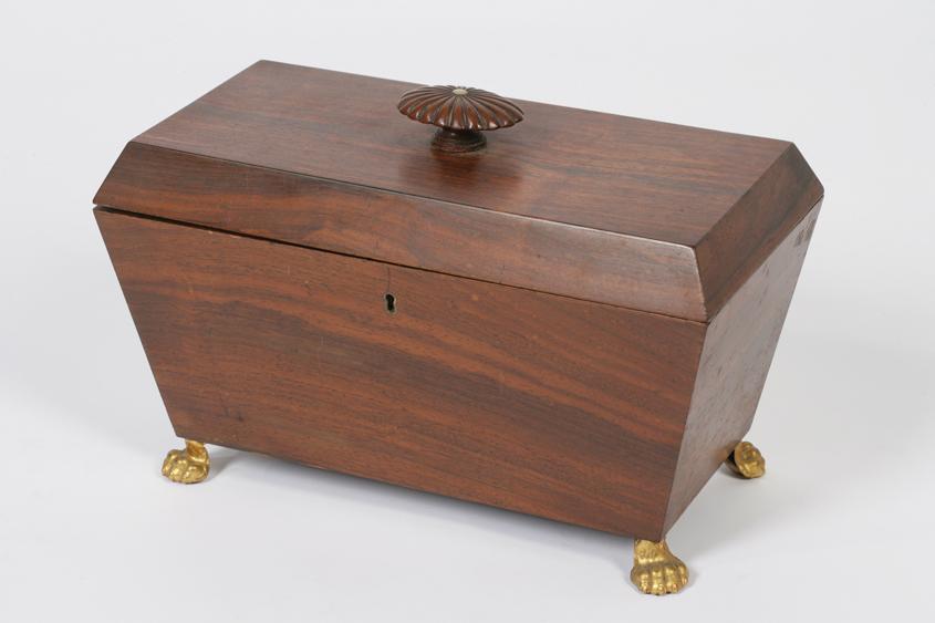 Appraisal: A REGENCY ROSEWOOD SARCOPHAGUS FORM TEA CADDY with a rectangular