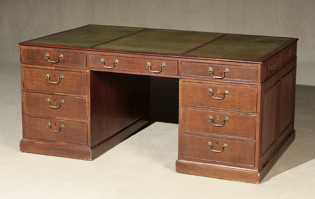 Appraisal: George III Style Figured Mahogany Two-Pedestal Partner's Desk Last Quarter