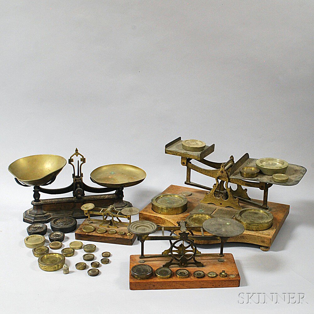 Appraisal: Four Brass and Wood Table Scales two S Mordan Co