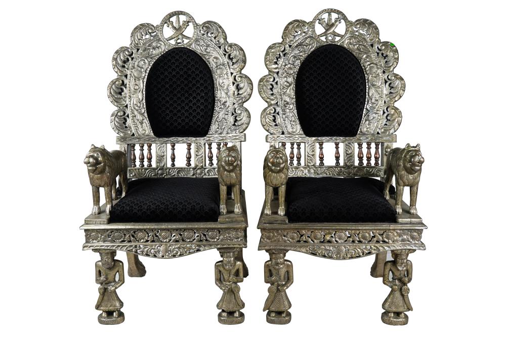 Appraisal: PAIR HAMMERED METAL PAINTED WOOD THRONE CHAIRSwith black upholstery inches