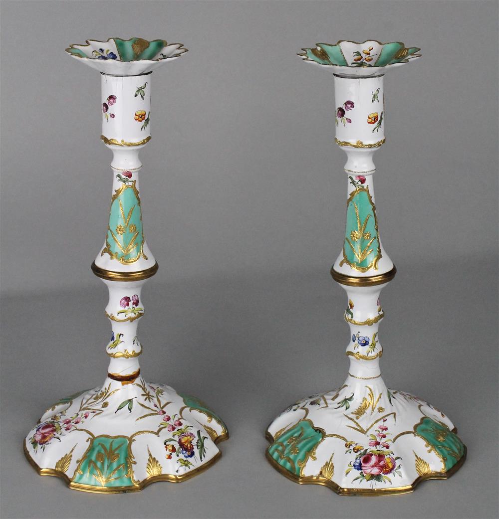 Appraisal: PAIR OF GEORGE III STYLE ENAMEL CANDLESTICKS th C of