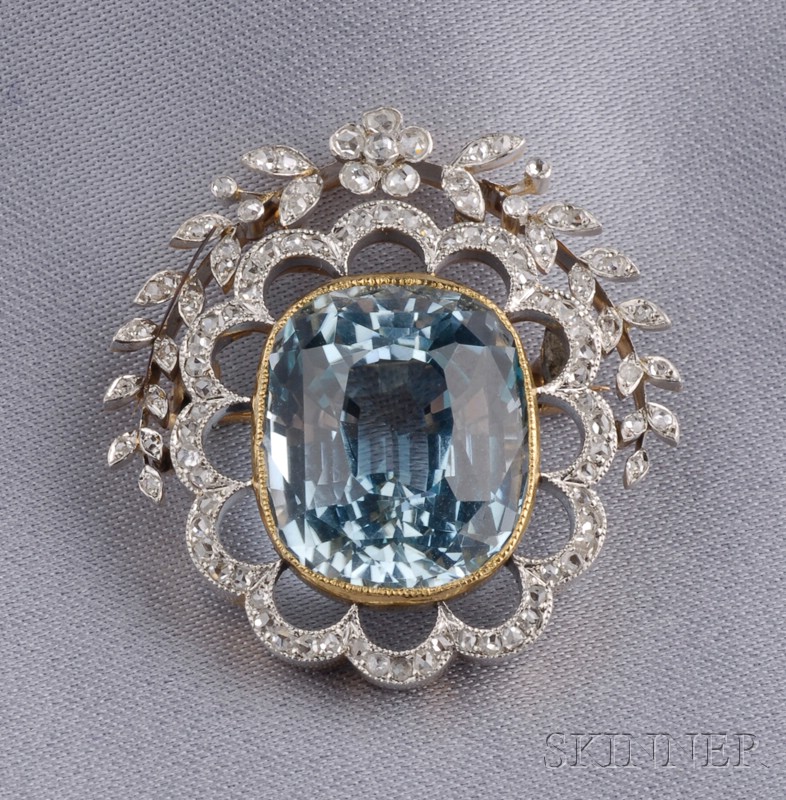 Appraisal: Edwardian Aquamarine and Diamond Brooch France centering a cushion-cut aquamarine