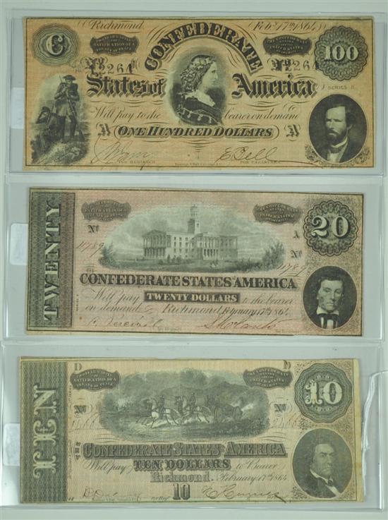 Appraisal: Three Confederate Notes with Lucy Pickens dated Feb CR Circa