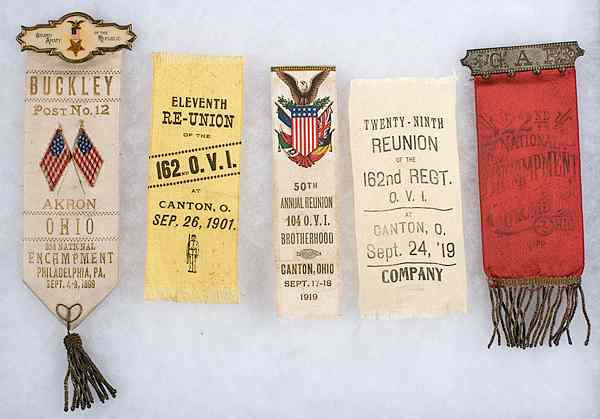 Appraisal: Civil War - Veterans Five Ohio GAR Ribbons Lot of