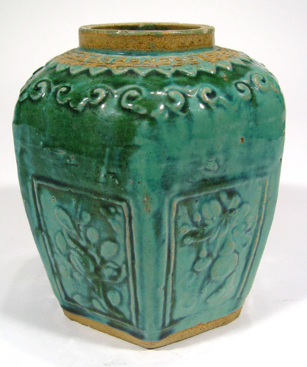 Appraisal: Oriental stoneware hexagonal jar with floral moulded panels under a