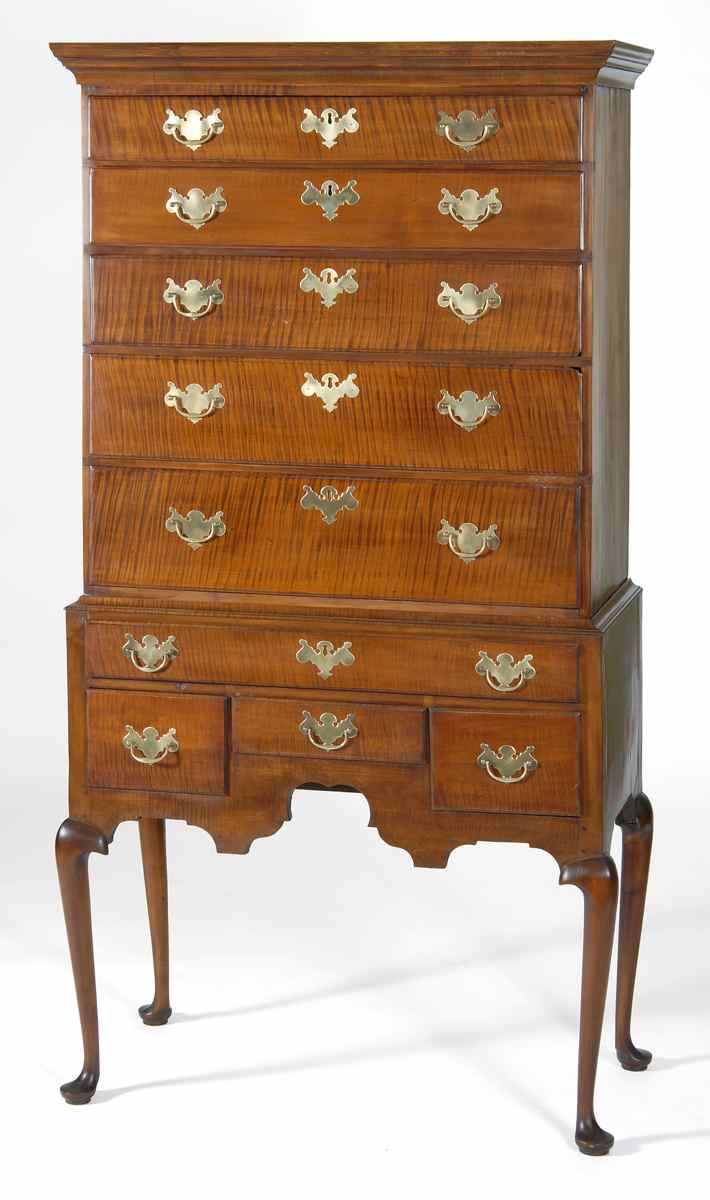 Appraisal: ANTIQUE AMERICAN QUEEN ANNE HIGHBOY In tiger maple and other