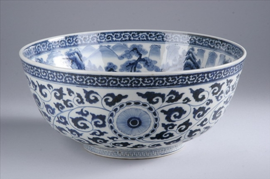 Appraisal: JAPANESE BLUE AND WHITE PORCELAIN BOWL Meiji period Riverscape decoration