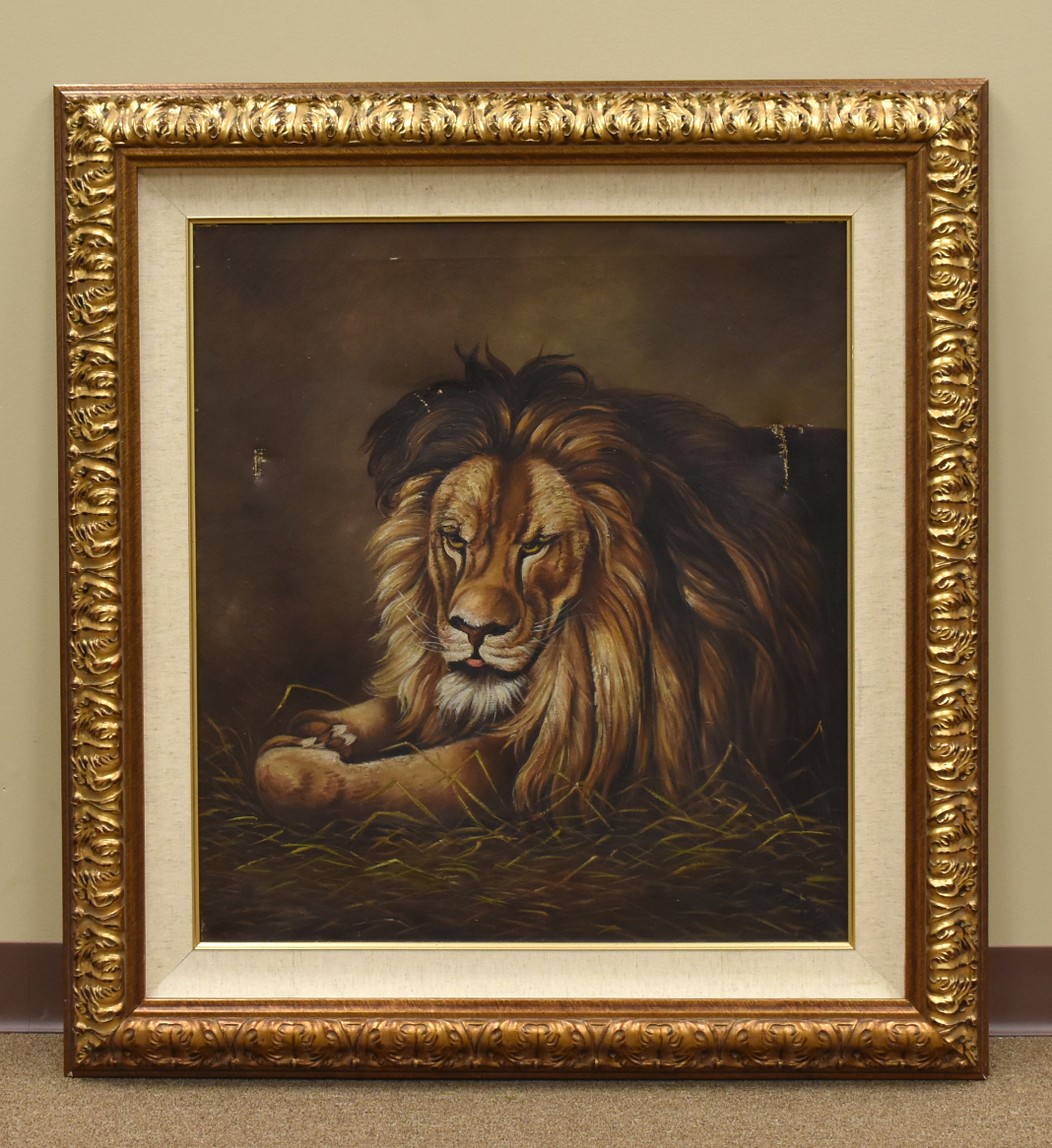 Appraisal: FRAMED OIL PAINTING OF A LION an oil painting of