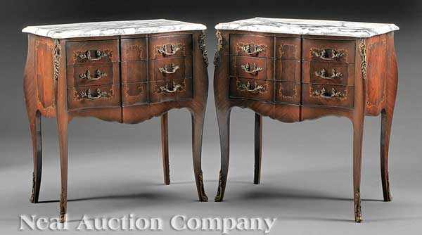 Appraisal: A Pair of Louis XV-Style Inlaid Mahogany and Marble Top