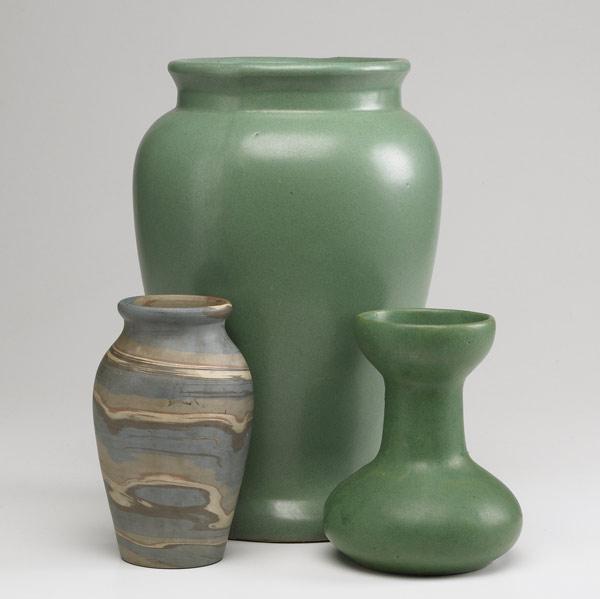 Appraisal: ZANESVILLE Three vases Niloak Missionware and two matte green vases